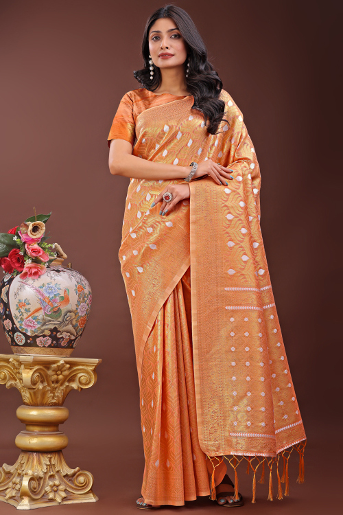Light Orange Cotton Saree With Woven Zari Work For Festive Wear