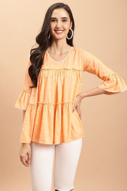 Light Orange Cotton Short Kurti With Printed Work