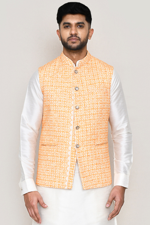 Light Orange Cotton Silk Printed Men's Waist Coat 