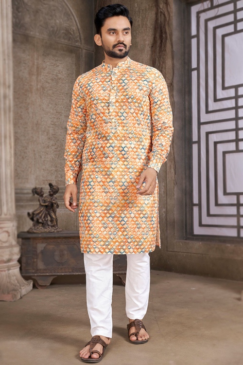 Light Orange Cotton Straight Cut Men Kurta With Trouser Pant