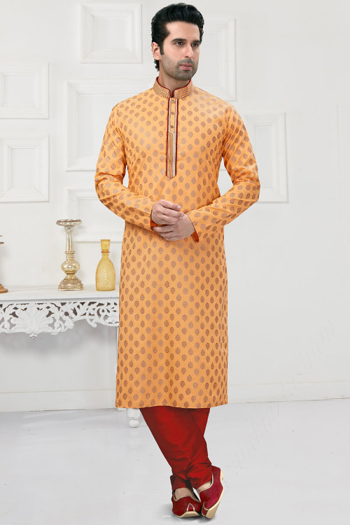 Light Orange Cotton Straight Cut Printed Men Kurta Churidar