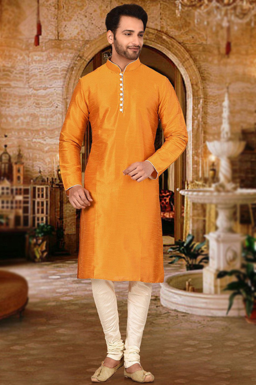 Light Orange Dupion Silk Men's Churidar Kurta 