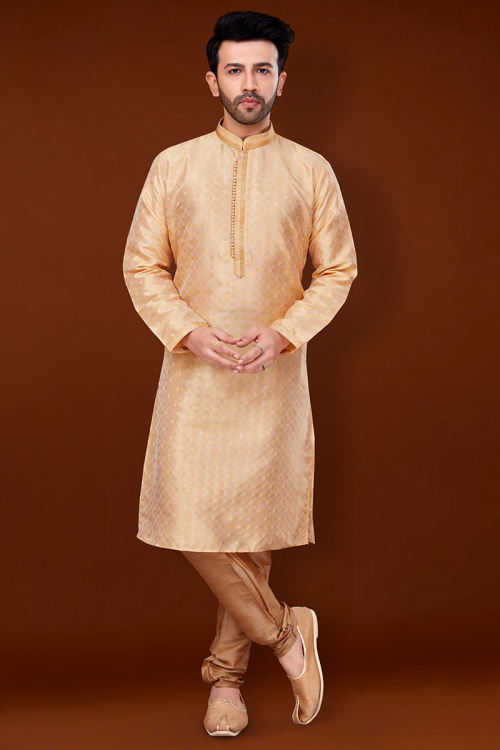 Light Orange Jacquard Men's Kurta With Churidar