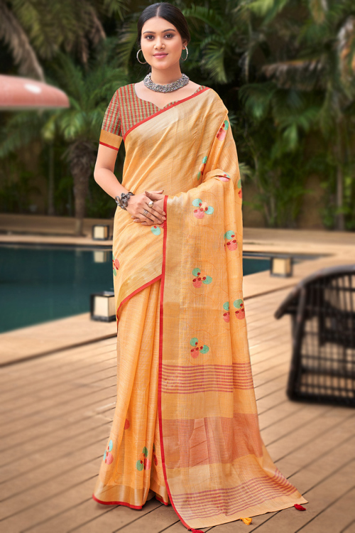 Light Orange Linen Embroidered Light Weight Saree