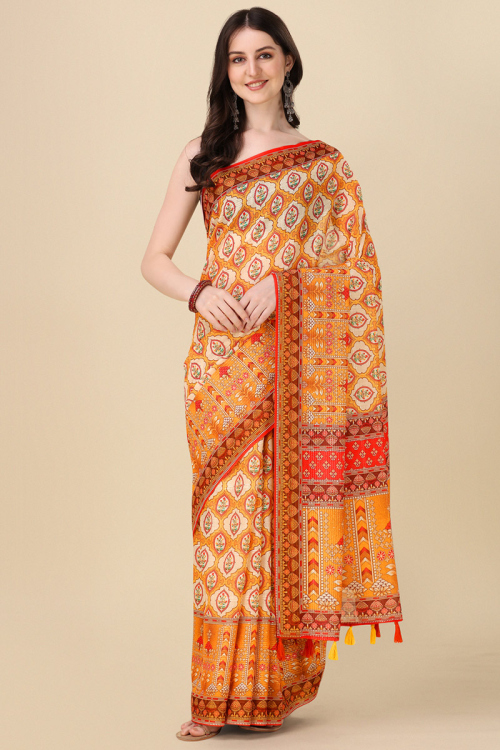 Light Orange Linen Printed Casual Wear Saree