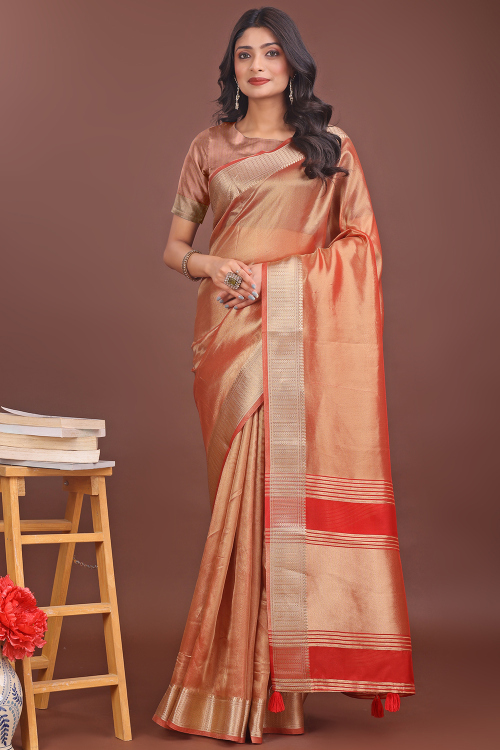 Light Orange Organza Woven Zari Regional Saree