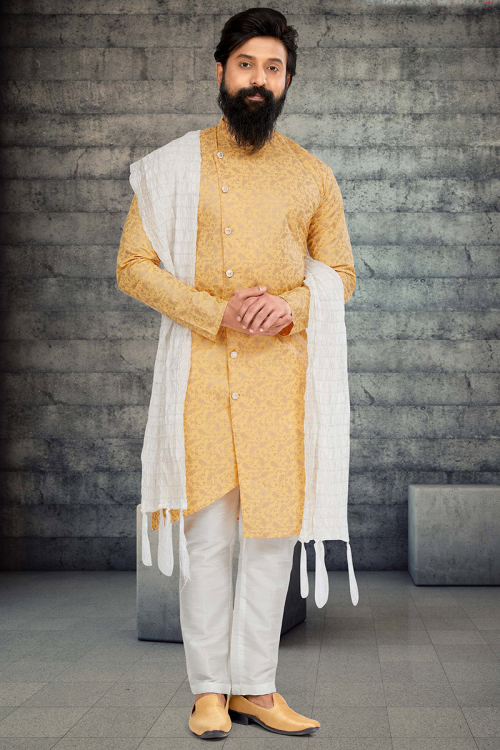 Light Orange Paisley Print Cotton Silk Asymmetric Style Men's Sherwani 