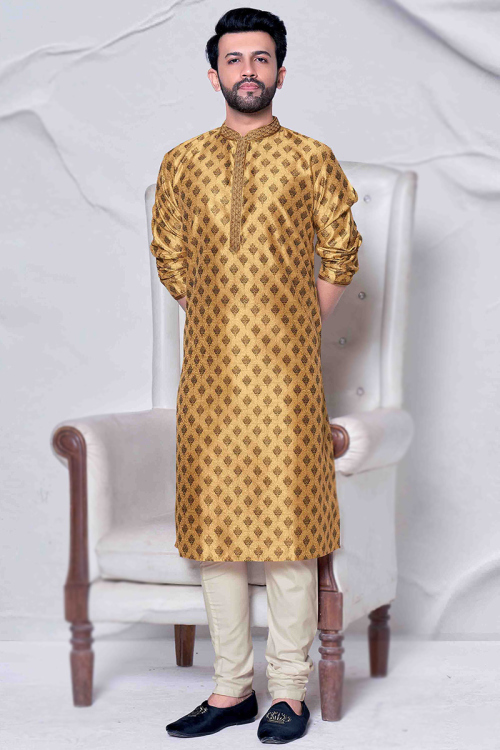 Light Orange Poly Cotton Weaved Thread Men's Kurta With Churidar
