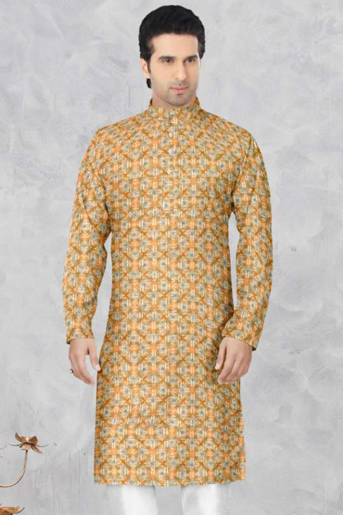 Light Orange Rayon Embroidered Men's Kurta Pajama