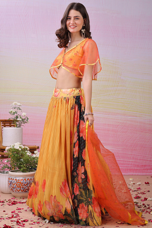 Light Orange Satin Silk Flared Lehenga With Printed Work