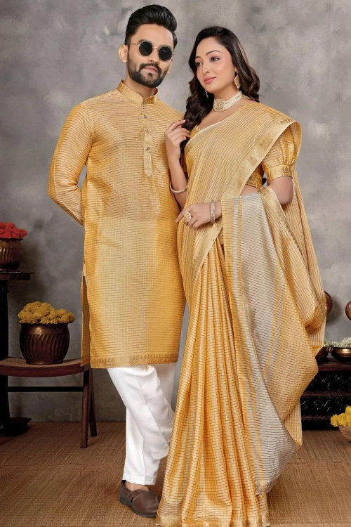 Light Orange Silk Blend Woven Zari Couple's Outfit