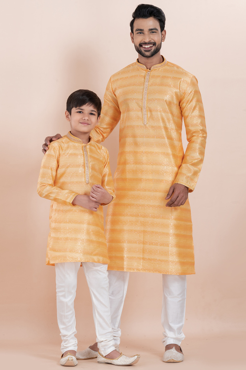 Light Orange Silk Kurta Pajama Combo for Father & Son Festive Wear