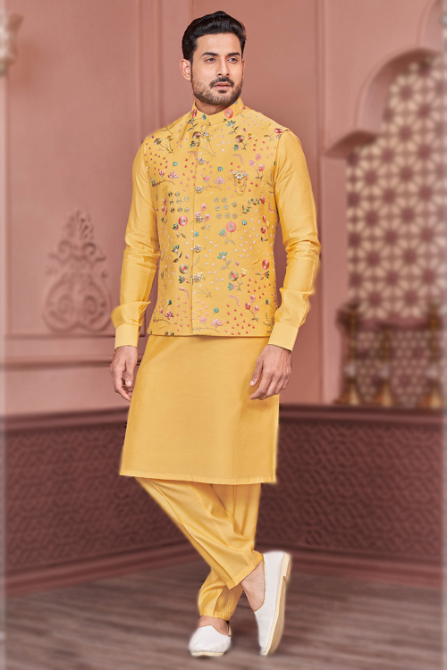 Light Orange Silk Plain Jacket Style Men's Kurta Pajama