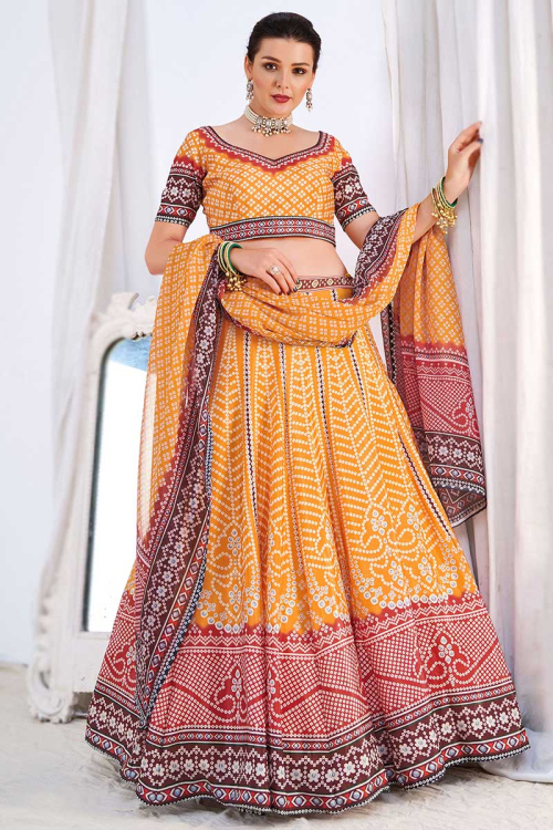 Light Orange Party Wear Printed Lehenga in Silk