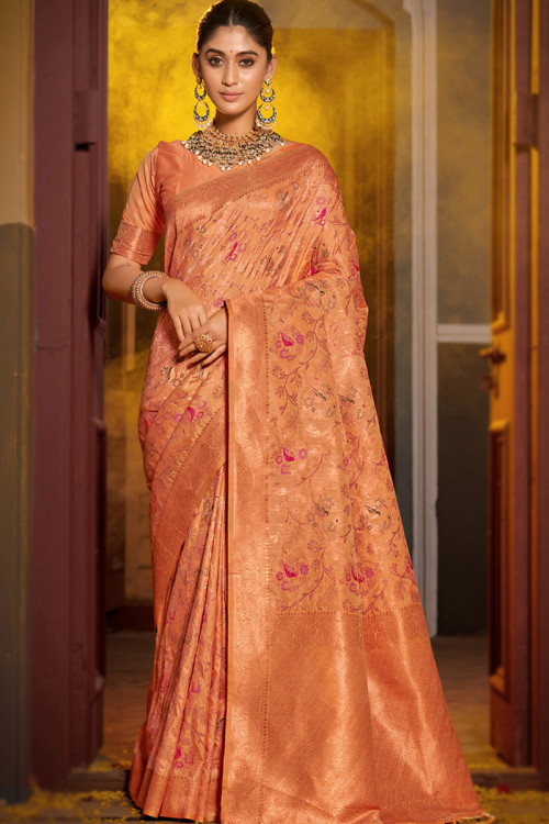 Prettiest Orange Soft Banarasi Silk Saree With Twirling Blouse Piece –  LajreeDesigner