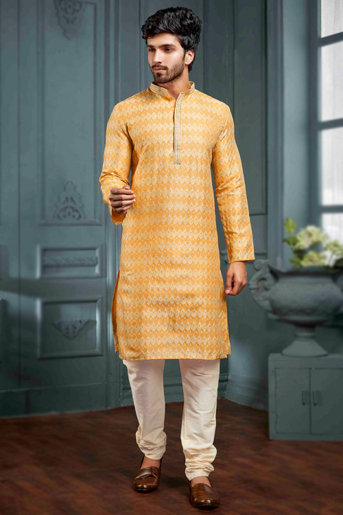 Light Orange Weaved Straight Cut Silk Men's Kurta Churidar