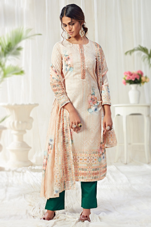 Light Peach Straight Cut Cotton Trouser Suit for Party 