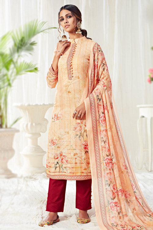 Trouser Suit in Light Peach Cotton for Party Wear