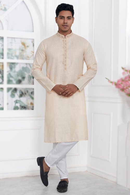 Elegant Light Peach Kurta Pajama with Thread Embroidery