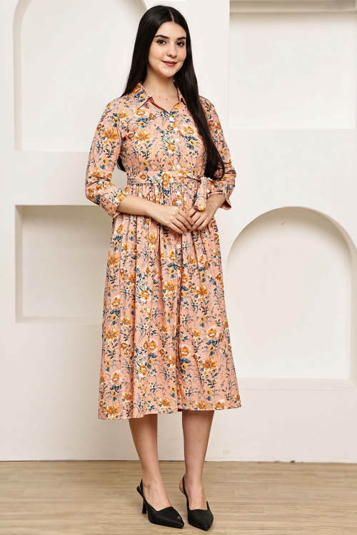 Light Peach Cotton Kurti With Printed Work For Casual Wear 