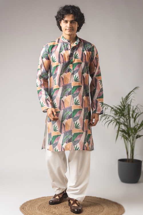 Light Peach Cotton Men's Kurta Pajama With Printed Work