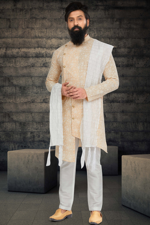 Light Peach Cotton Printed Asymmetrical Style Men's Sherwani