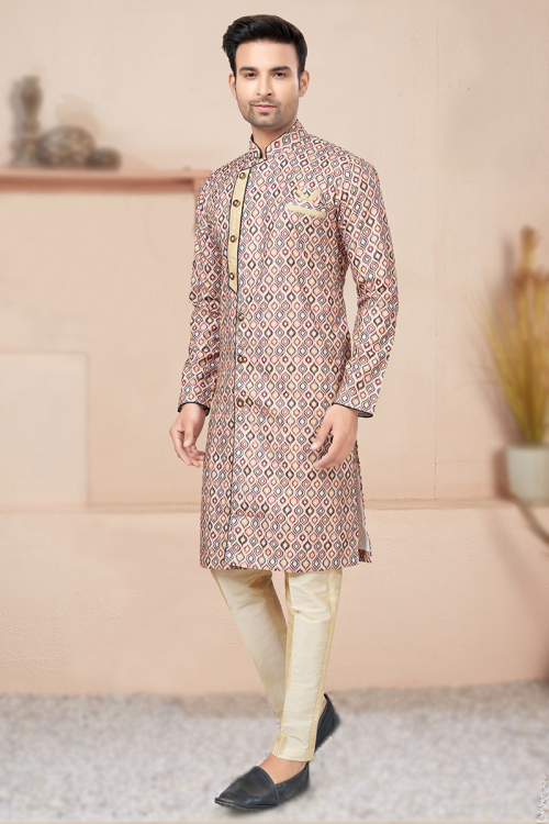 Light Peach Cotton Printed Indo-Western Men's Sherwani 
