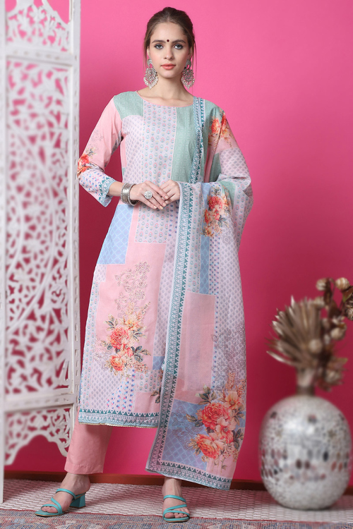 Light Peach Cotton Printed Straight Cut Trouser Suit 