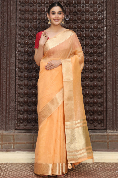 Light Peach Cotton Saree with Woven Zari Work For Festival