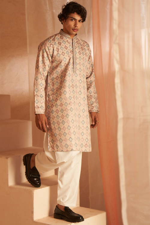 Light Peach Cotton Silk Embroidered Men's Kurta Pajama