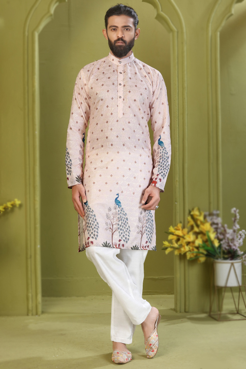 Light Peach Cotton Silk Men's Kurta Pajama With Printed Work