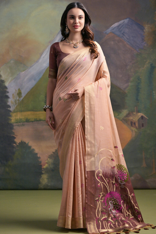 Light Peach Cotton Silk Printed Casual Wear Saree