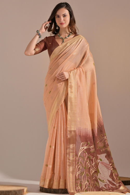 Light Peach Cotton Saree with Woven Zari Detailing