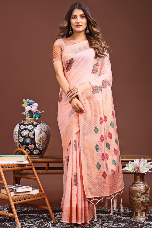 Light Peach Cotton Woven Zari Regional Saree 