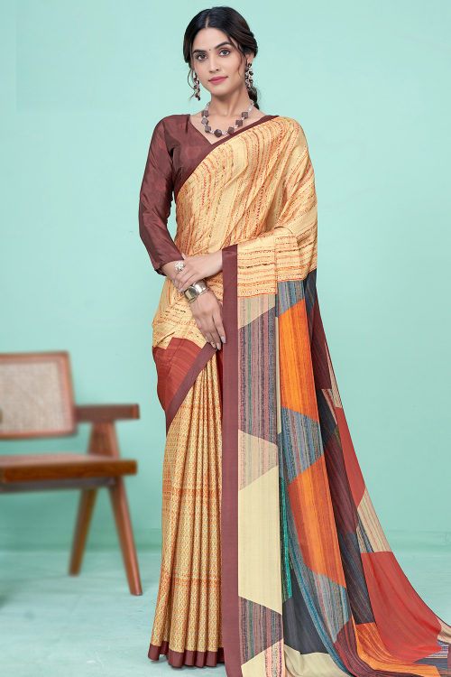 Light Peach Crepe Light Weight Printed Saree