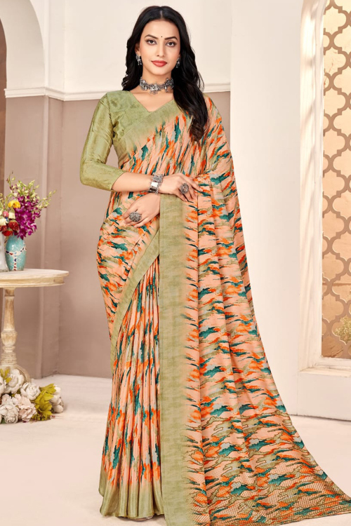 Light Peach Crepe Silk Saree With Printed Work For Casual Wear