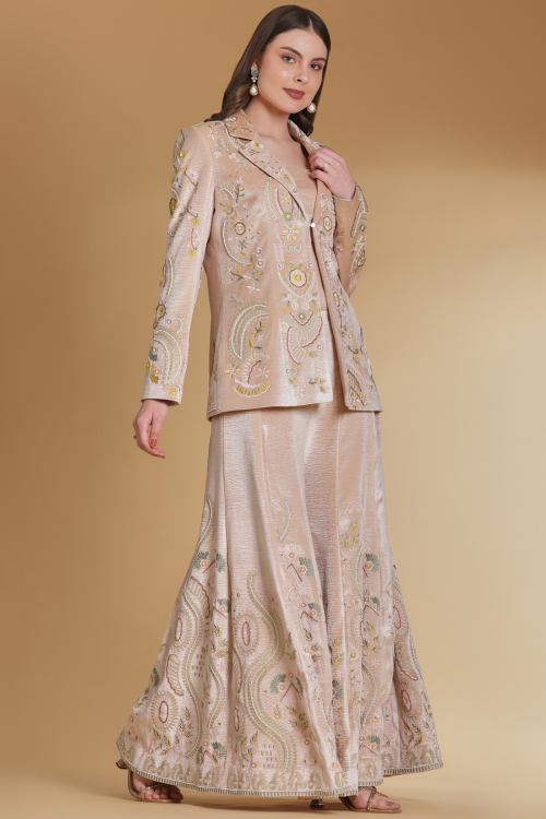 Light Peach Floral Embroidered Jacket With Palazzo Set