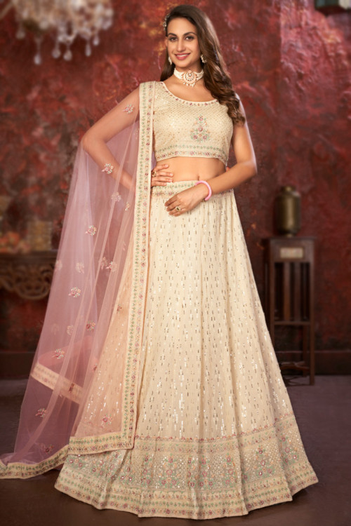 Light Peach Georgette Embroidered Party Wear Lehenga 