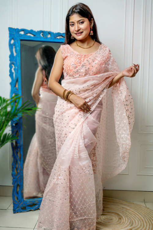 Buy Engagement Round Neck Resham Work Sarees Online for Women in UK