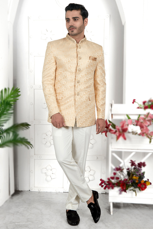 Light Peach Jacquard Silk Woven Zari Jodhpuri Style Men's Coat Pant