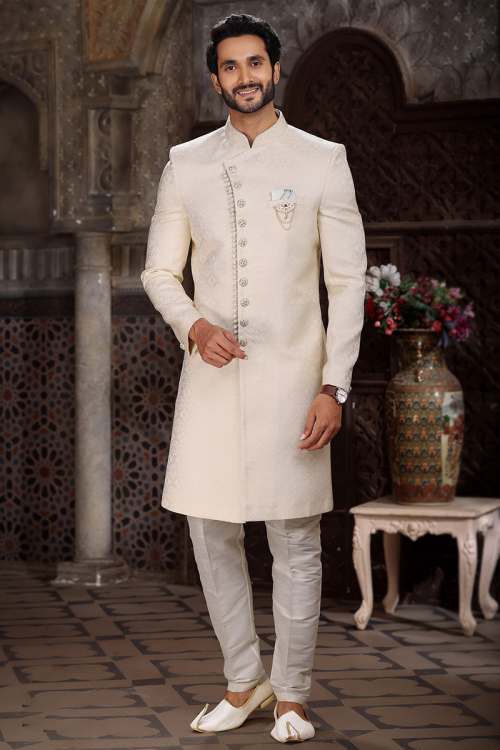 Light Peach Jacquard Weaved Thread Side Slit Men's Sherwani 