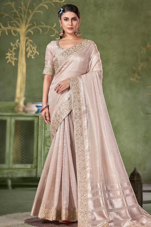 Light Peach Linen Woven Zari Light Weight Saree