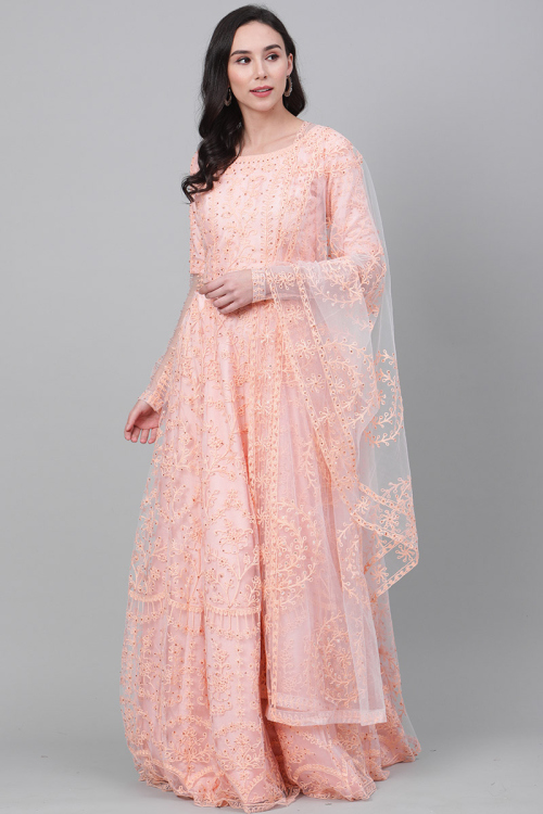 Light Peach Net A Line Lehenga