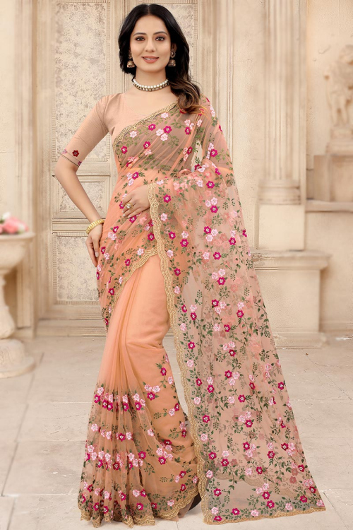 Light Peach Net Embroidered Saree