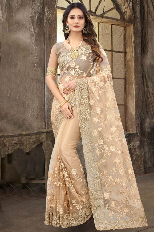 Light Peach Net Saree With Zari Work For Festival