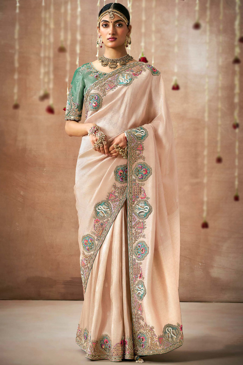 Light Peach Organza Embroidered Saree For Sangeet 