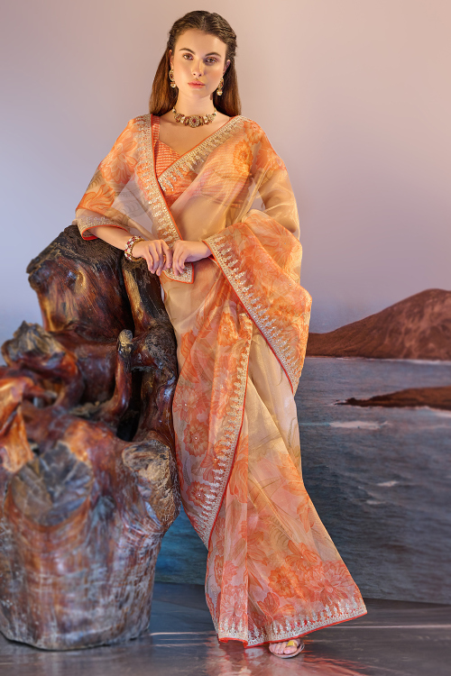 Light Peach Organza Printed Saree For Festival