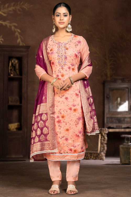 Light Peach Organza Printed Straight Cut Trouser Suit