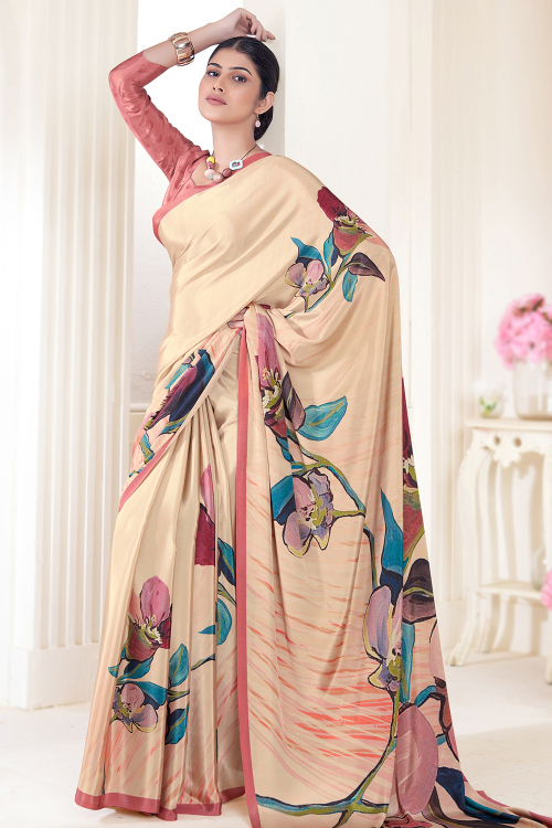 Light Peach Printed Crepe Light Wight Saree