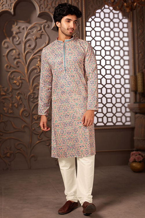 Light Peach Printed Poly Cotton Straight Cut Men's Kurta Churidar
